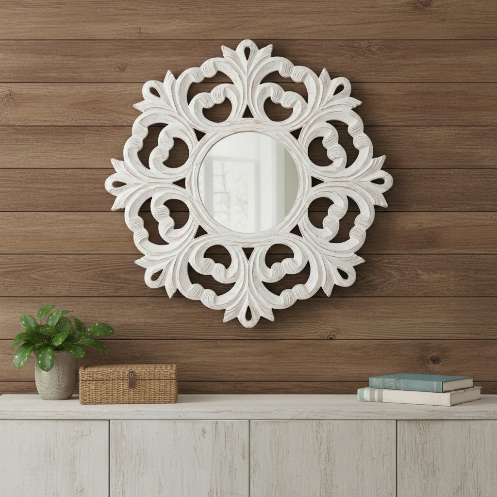 24" White Floral Scrollwork Distressed Round Framed Accent Mirror