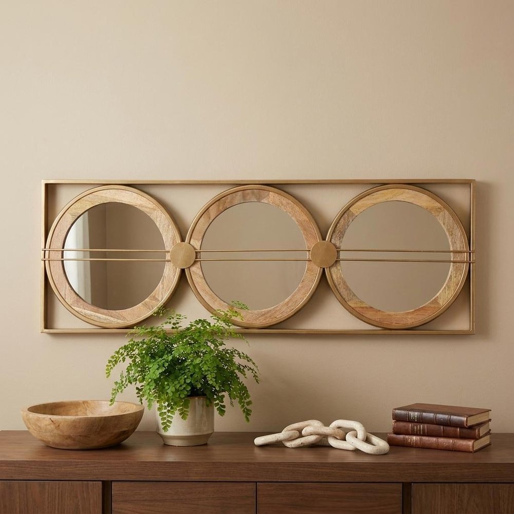 14" Brown and Gold Aluminum and Wood Geometric Framed Accent Mirror