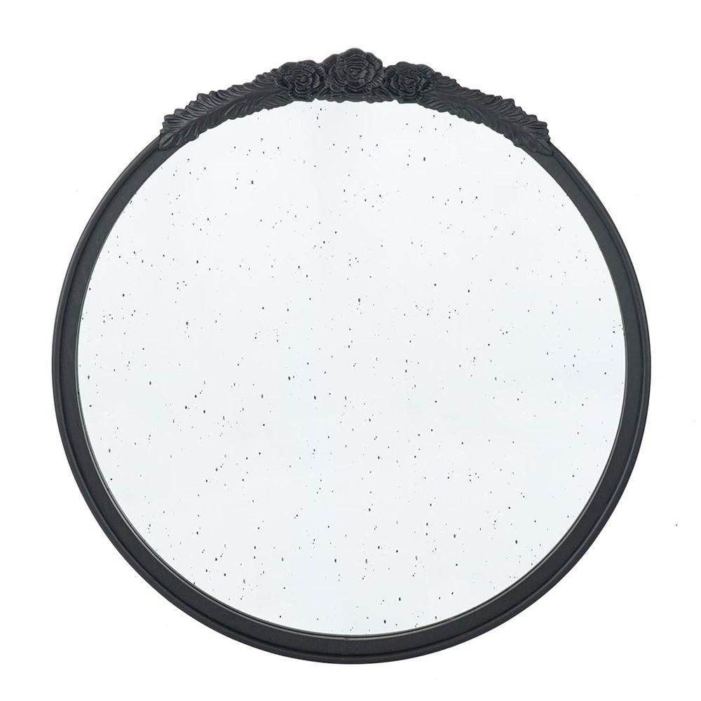 30" Black Crowned Top Antiqued Glass Round Framed Accent Mirror