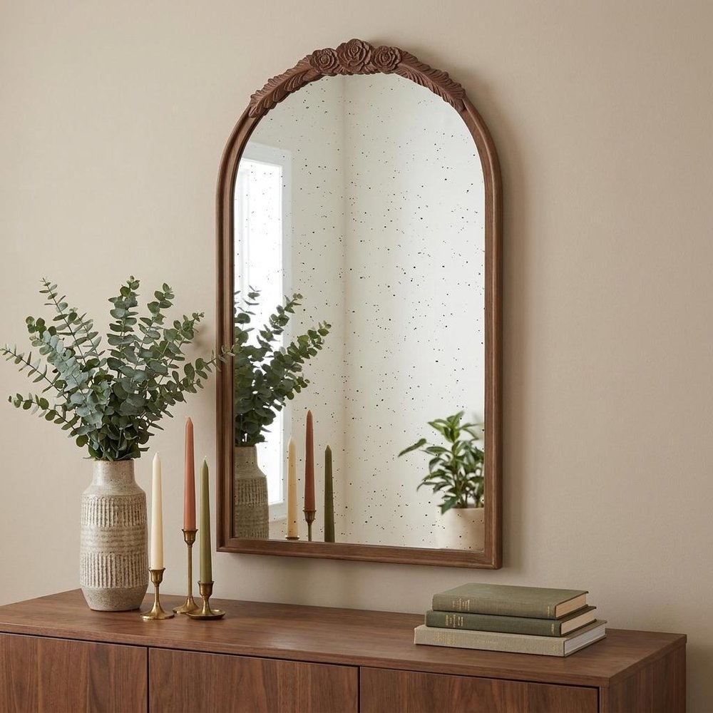 42" Brown Crowned Top Antiqued Glass Arch Framed Accent Mirror