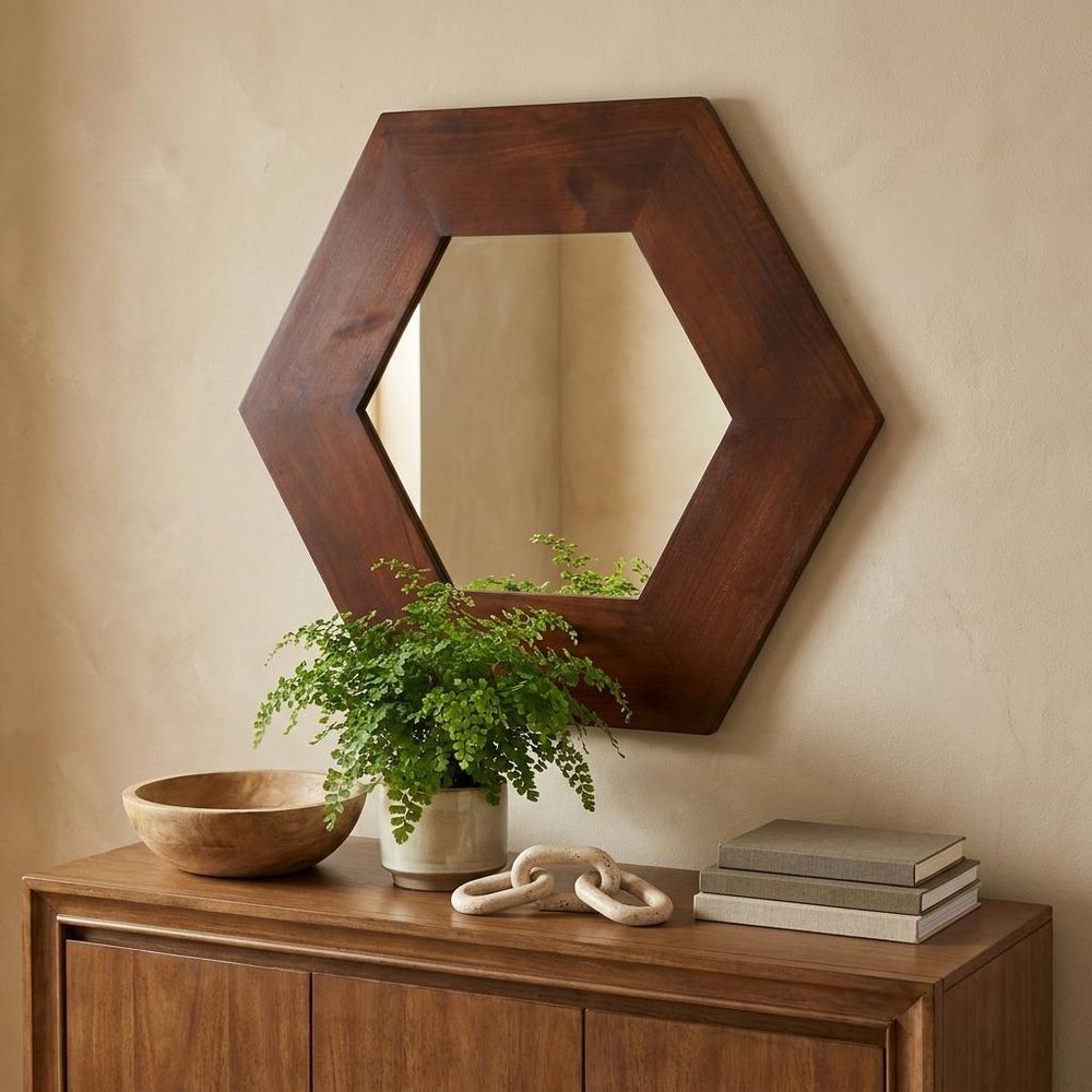 19" Dark Brown Hexagon Solid Wood Framed Accent Mirror