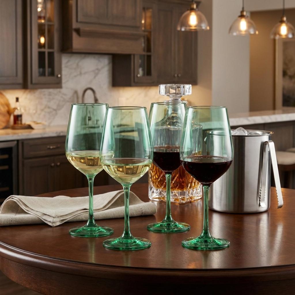 Set of Four Green Crystal Balloon Bowl Stemmed Red Wine Glass