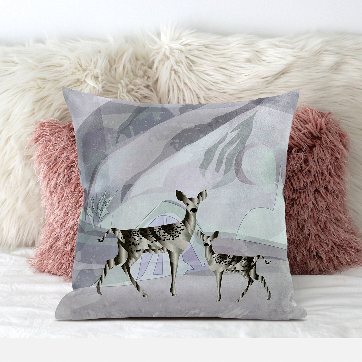 16x16 Black Purple Brown Deer Blown Seam Broadcloth Animal Print Throw Pillow