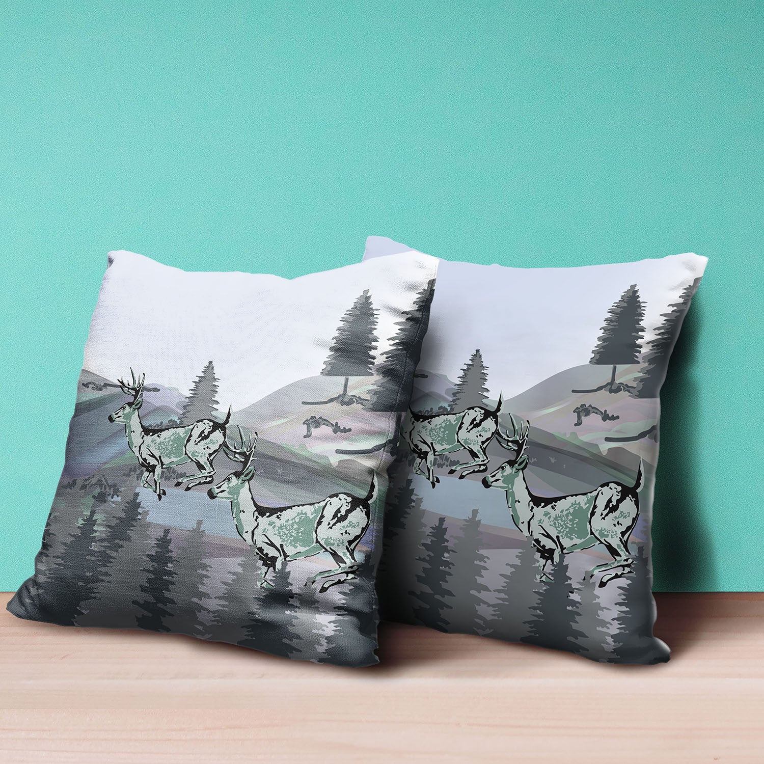 26x26 Muted Green Black Blue Deer Blown Seam Broadcloth Animal Print Throw Pillow