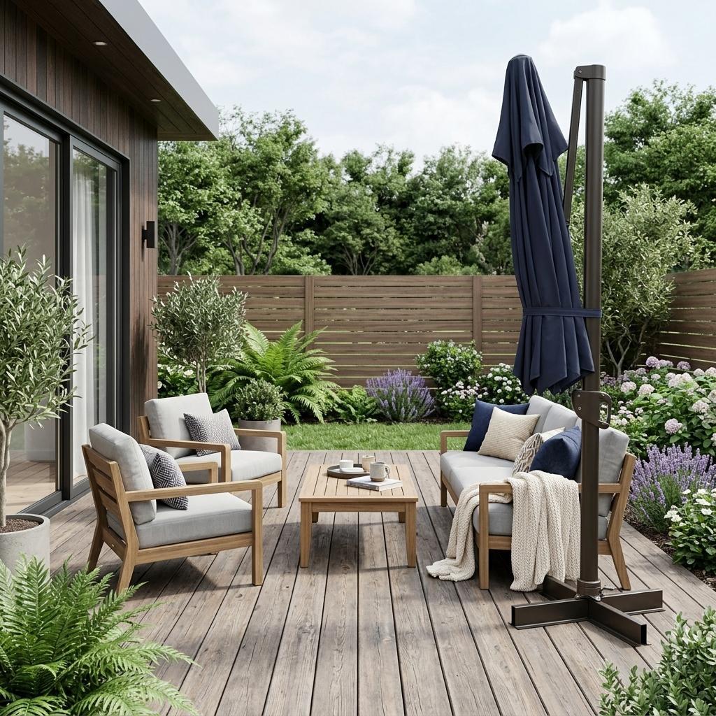 13' Navy Blue Polyester Rectangular Tilt Cantilever Patio Umbrella with Stand