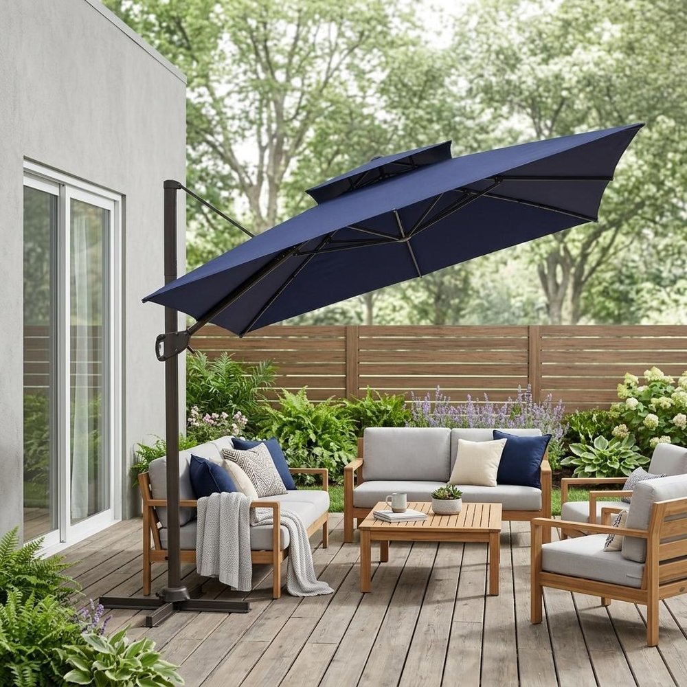 15" Navy Blue Polyester Round Tilt Cantilever Patio Umbrella with Stand