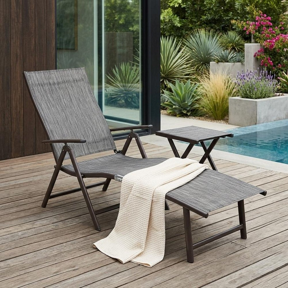 Set of Two Gray Aluminum Five Position Adjustable Outdoor Stacking Chaise Lounges