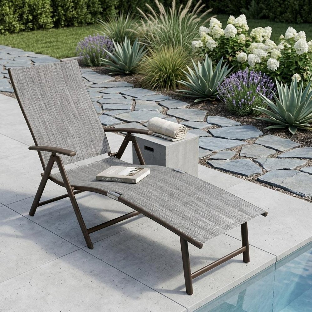 45" Gray Aluminum Six Position Adjustable Outdoor Chaise Lounge