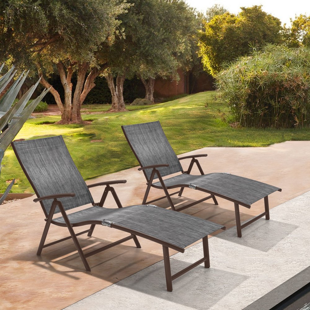 Set of Two Gray Aluminum Six Position Adjustable Outdoor Chaise Lounges