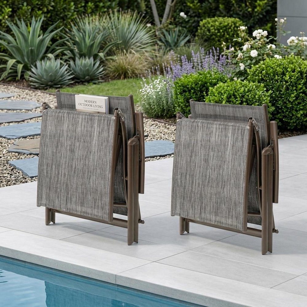 Set of Two Gray Aluminum Six Position Adjustable Outdoor Chaise Lounges