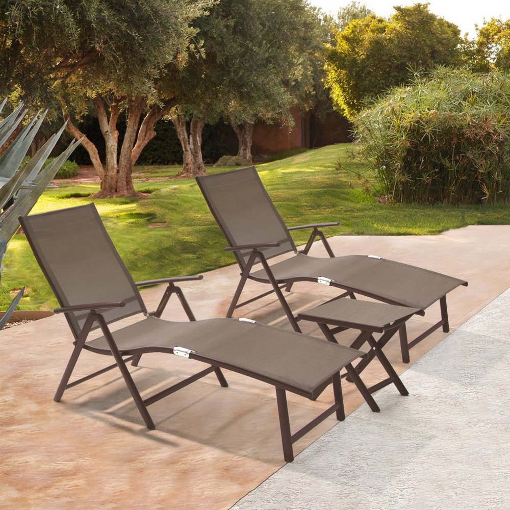 Set of Two Brown Aluminum Six Position Adjustable Outdoor Chaise Lounges
