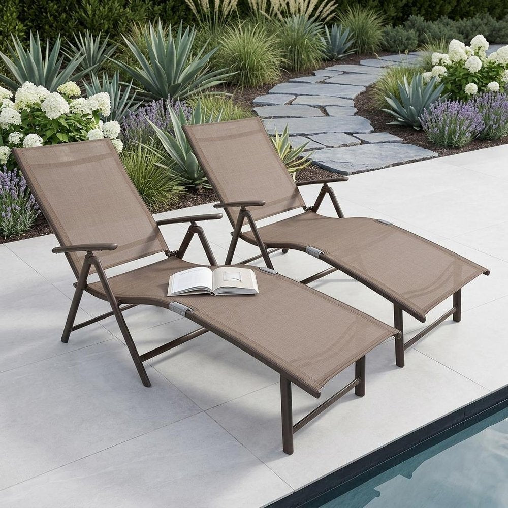 Set of Two Brown Aluminum Six Position Adjustable Outdoor Chaise Lounges