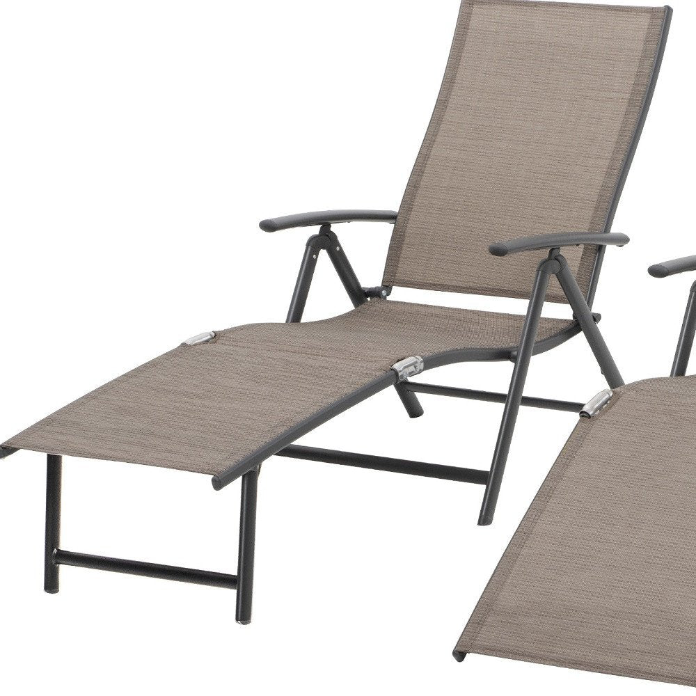 Set of Two Espresso Aluminum Eight Position Adjustable Outdoor Folding Chaise Lounges