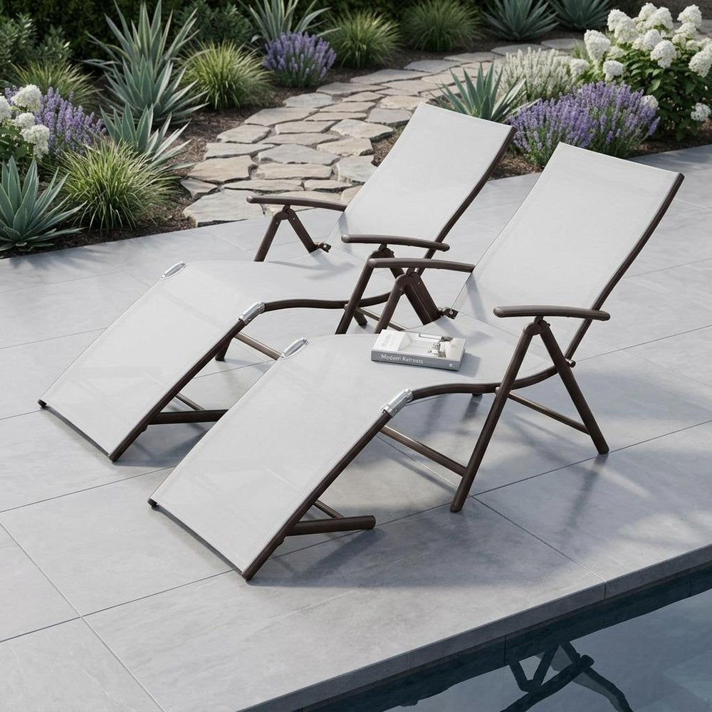 Set of Two Light Gray Aluminum Outdoor Folding Chaise Lounges