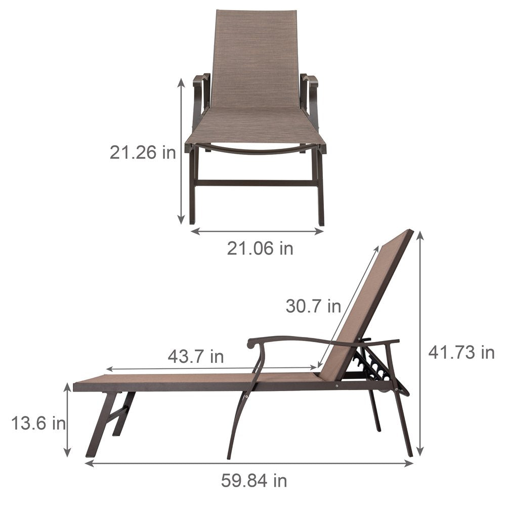 44" Brown Aluminum Six Position Adjustable Outdoor Chaise Lounge