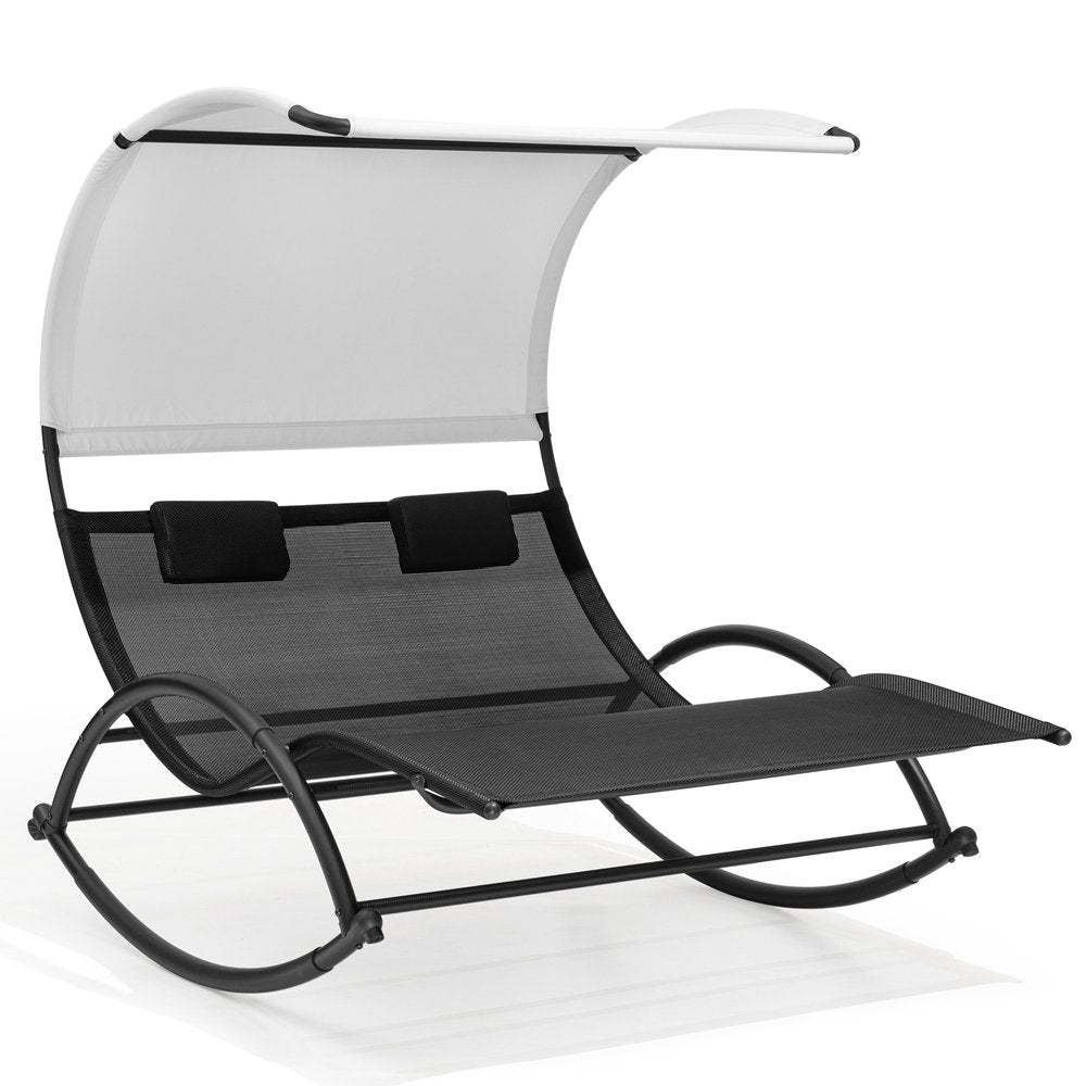 67" Black Aluminum Six Position Adjustable Outdoor Chaise Lounge With Canopy