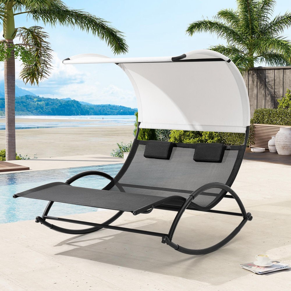 67" Black Aluminum Six Position Adjustable Outdoor Chaise Lounge With Canopy