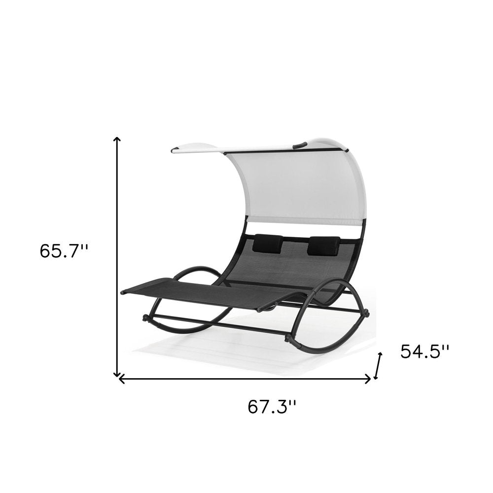 67" Black Aluminum Six Position Adjustable Outdoor Chaise Lounge With Canopy