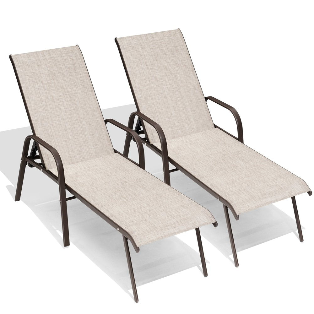 Set of Two Beige Aluminum Six Position Adjustable Outdoor Chaise Lounges