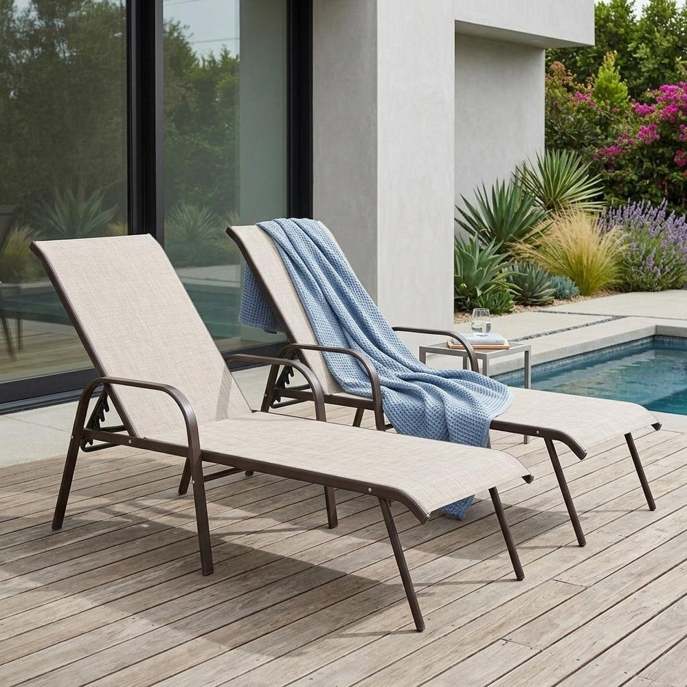 Set of Two Beige Aluminum Six Position Adjustable Outdoor Chaise Lounges