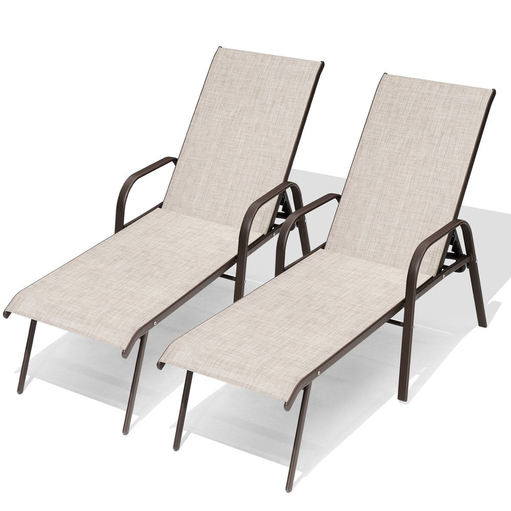 Set of Two Beige Aluminum Six Position Adjustable Outdoor Chaise Lounges