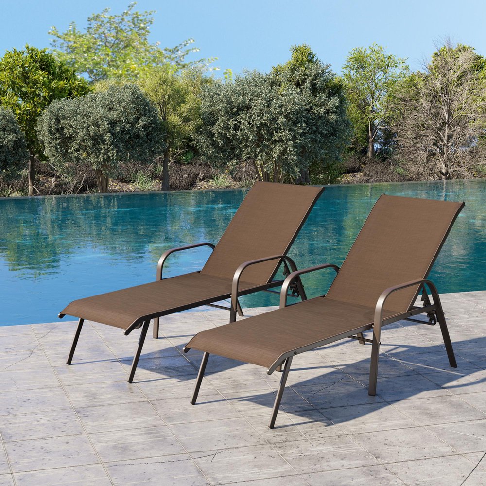 Set of Two Brown Aluminum Six Position Adjustable Outdoor Chaise Lounges