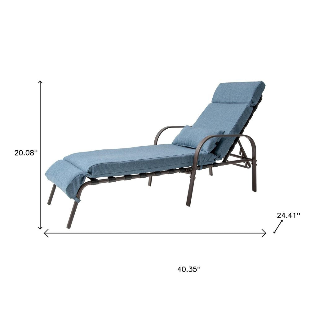 40" Brown Aluminum Six Position Adjustable Outdoor Folding Chaise Lounge with Denim Blue Cushion