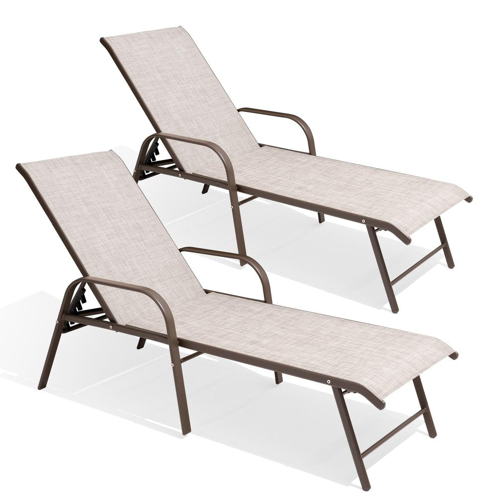 Set of Two Beige Aluminum Six Position Adjustable Outdoor Stacking Chaise Lounges