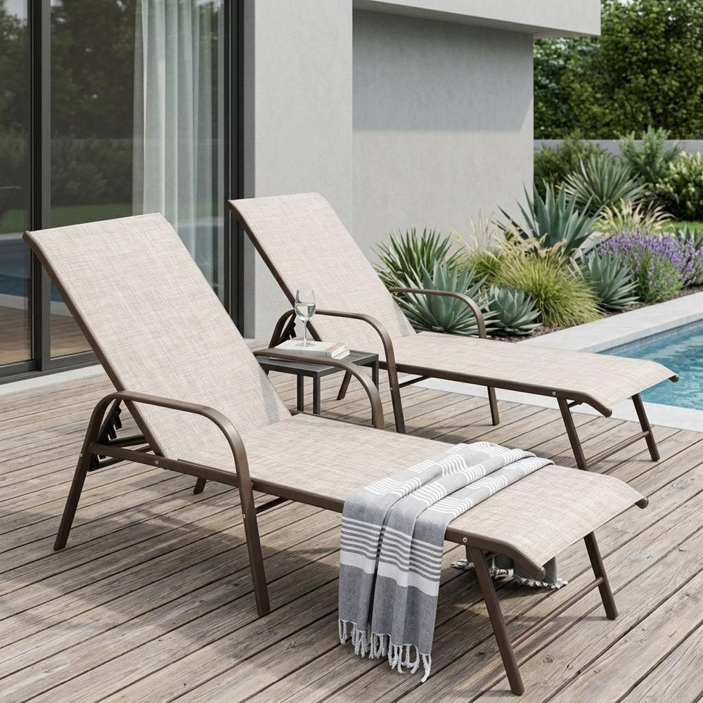 Set of Two Beige Aluminum Six Position Adjustable Outdoor Stacking Chaise Lounges