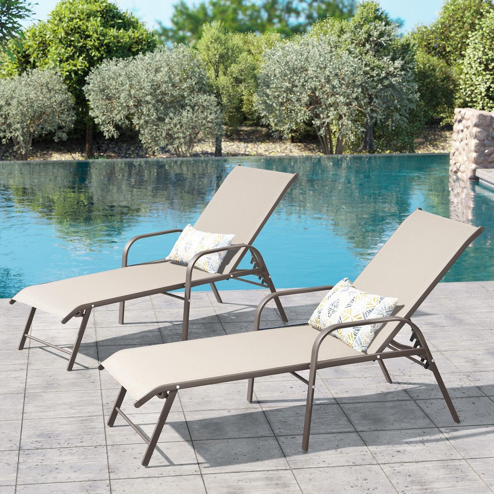 Set of Two Ivory Aluminum Six Position Adjustable Outdoor Stacking Chaise Lounges
