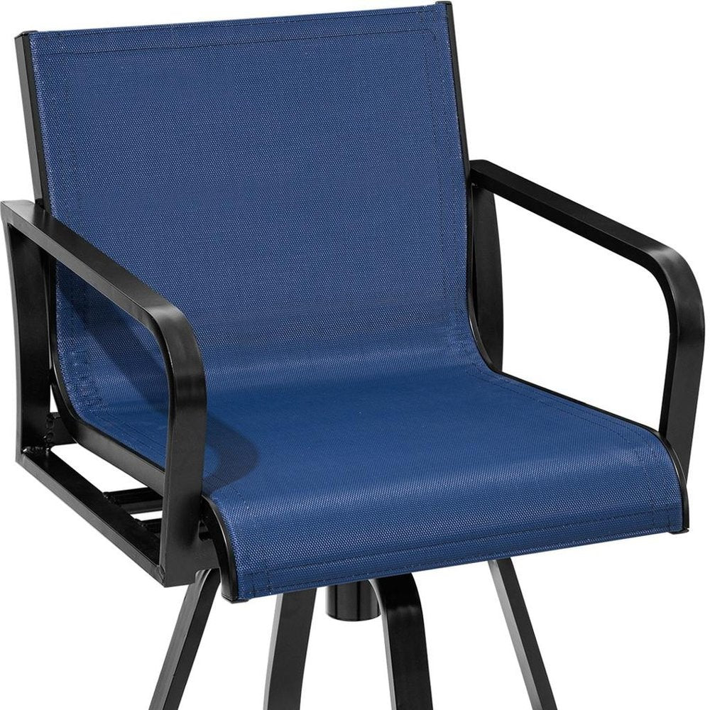 Set of Two 30" Black and Navy Blue Aluminum Swivel Outdoor Bar Height Chairs