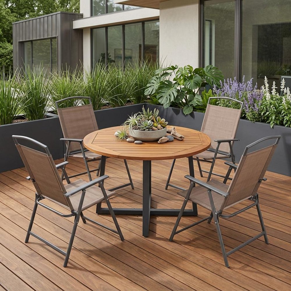 Set of Four Brown Aluminum Six Position Adjustable Outdoor Stacking Dining Chairs
