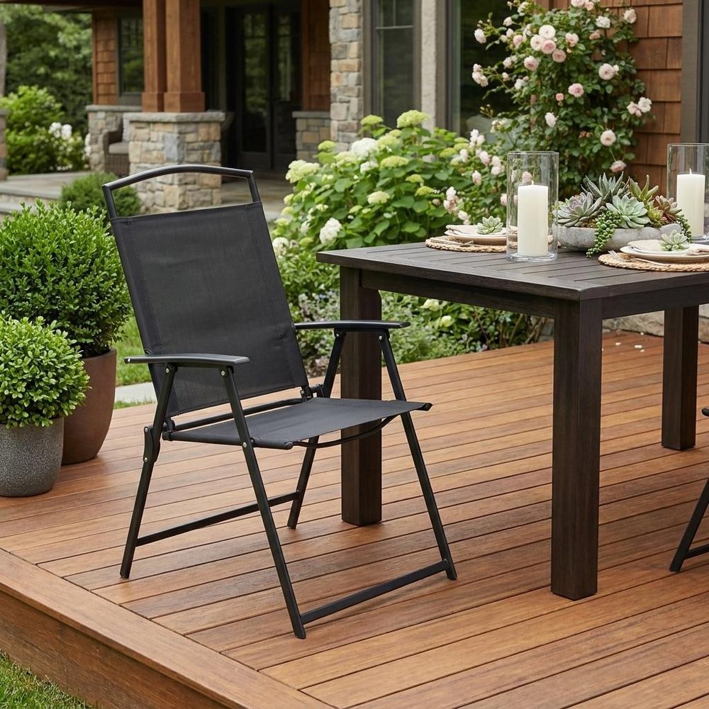 Set of Four Gray Woven Aluminum Sling Outdoor Folding Dining Chairs