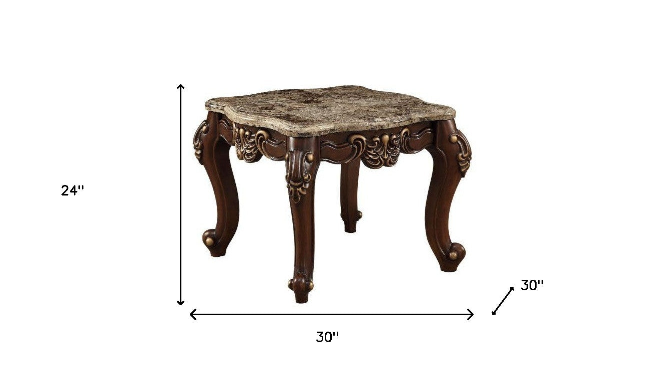 24" Walnut And Marble Marble And Solid Wood Square End Table