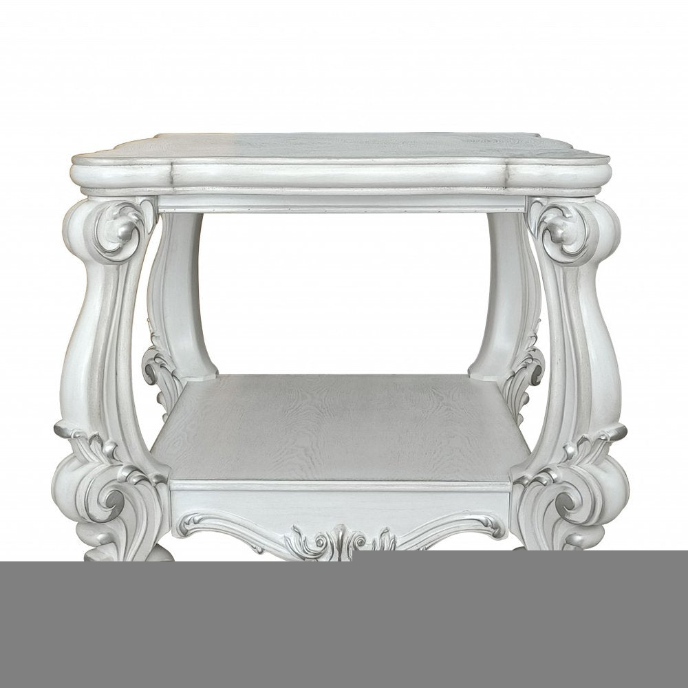26" Antiqued White Manufactured Wood Square Scroll End Table With Shelf