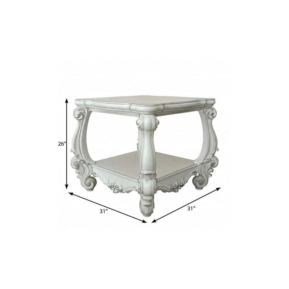 26" Antiqued White Manufactured Wood Square Scroll End Table With Shelf