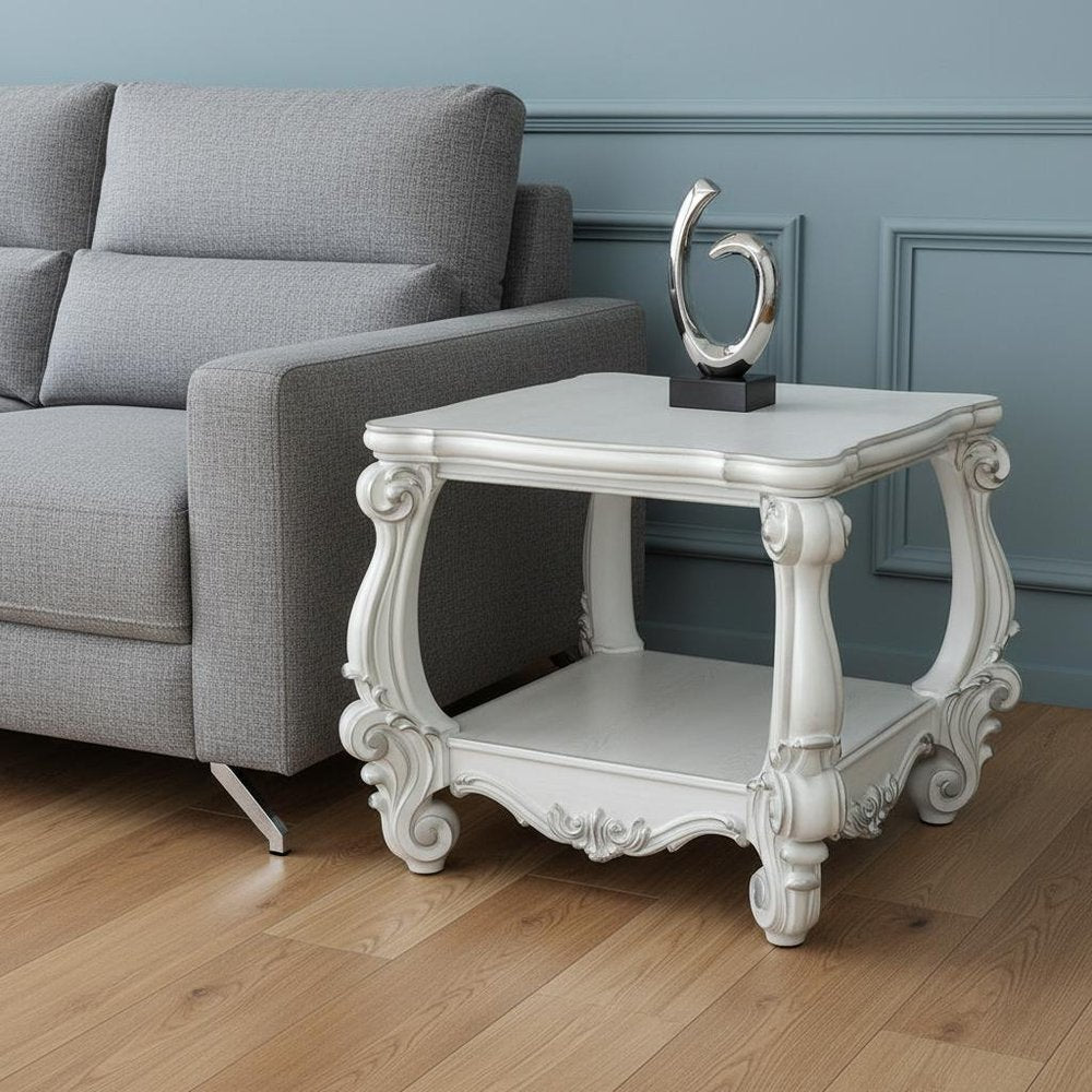 26" Antiqued White Manufactured Wood Square Scroll End Table With Shelf