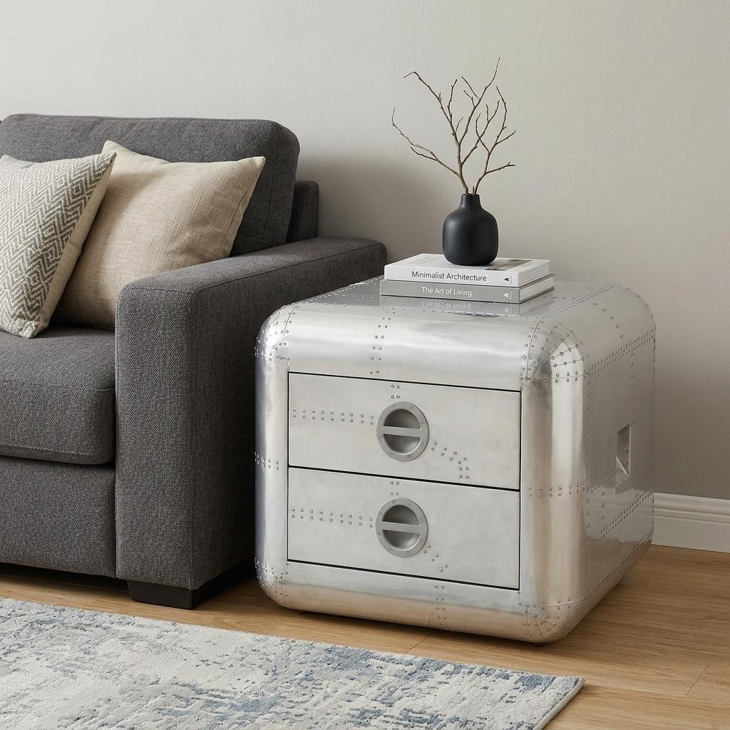 22" Silver Aluminum Aviator Trunk Style Square End Table With Two Drawers