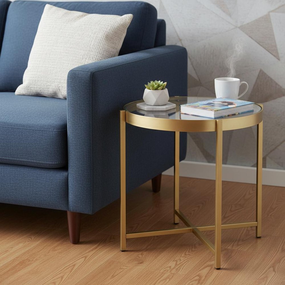 24" Gold And Clear Glass And Metal Round End Table