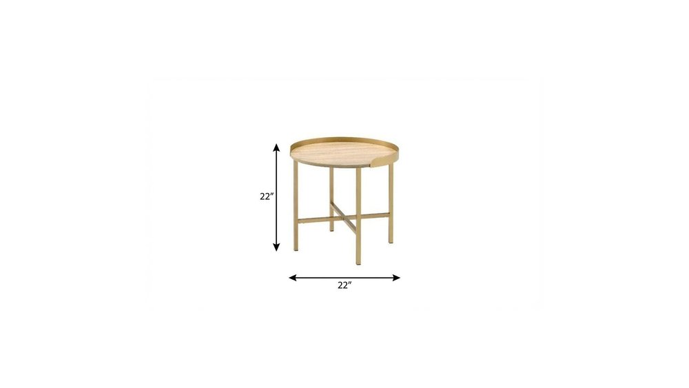 22" Gold And Oak Manufactured Wood And Metal Round End Table