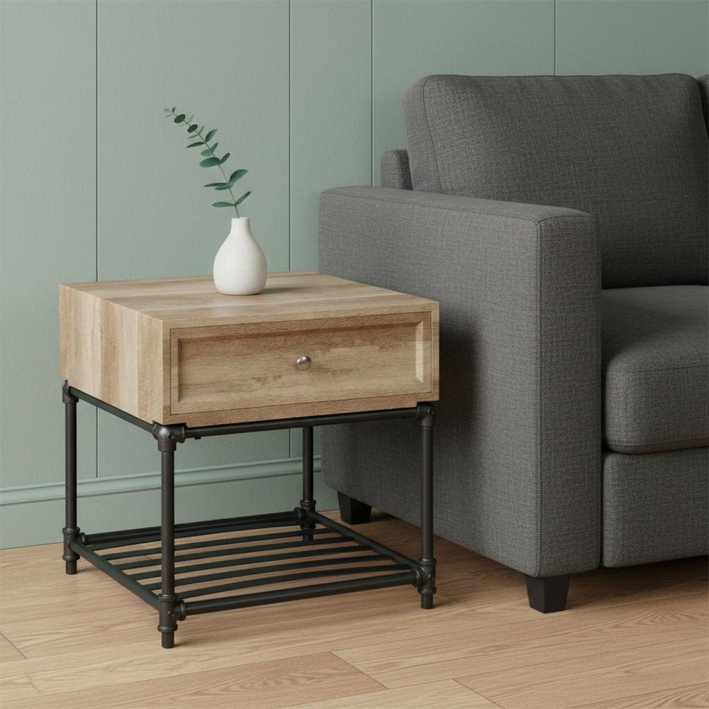 22" Sandy Black And Oak Manufactured Wood And Metal Square End Table With Drawer And Shelf