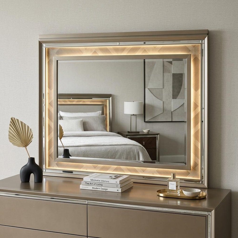 37" Champagne Lighted Wood Framed Mounted Dresser Mirror