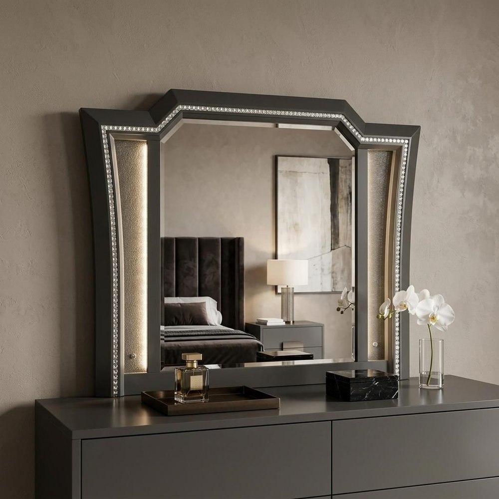 38" Gunmetal Lighted Abstract Wood Framed Mounted Dresser Mirror