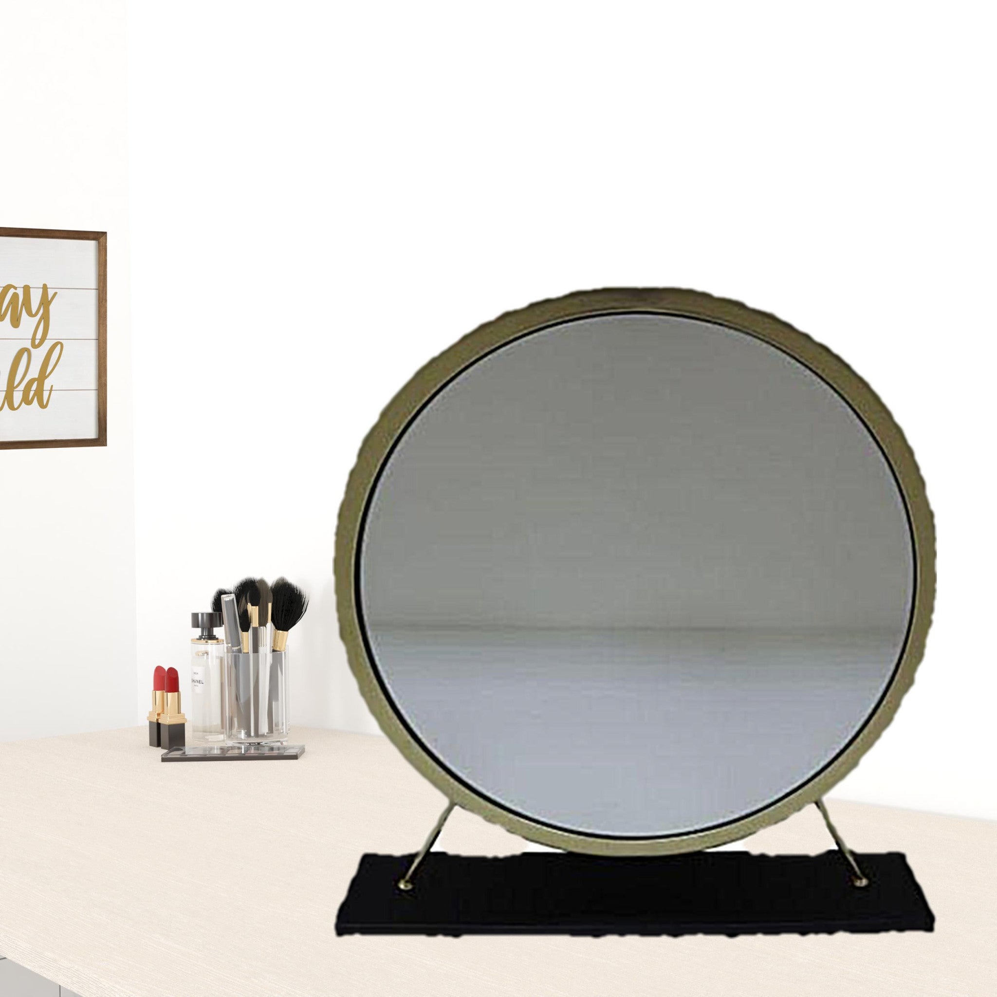 19" Faux Fur, Mirror, Black & Brass Finish Round Makeup Shaving Tabletop Mirror