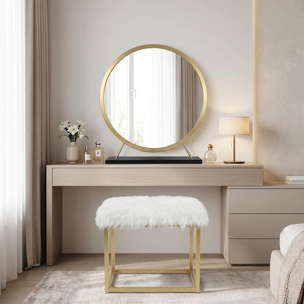 Set of Two Gold Black and White Metal And Faux Fur Freestanding Makeup Mirror And Stool