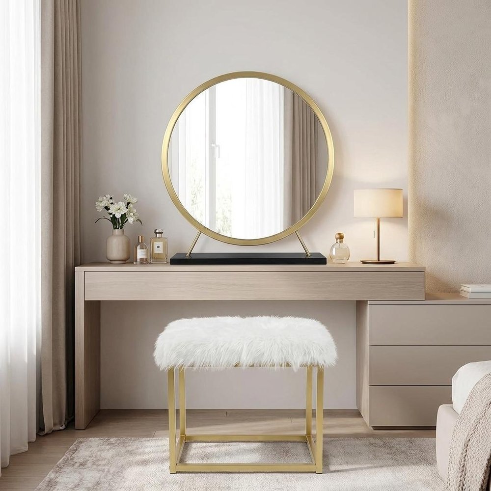 Set of Two Gold Black and White Metal And Faux Fur Freestanding Makeup Mirror And Stool