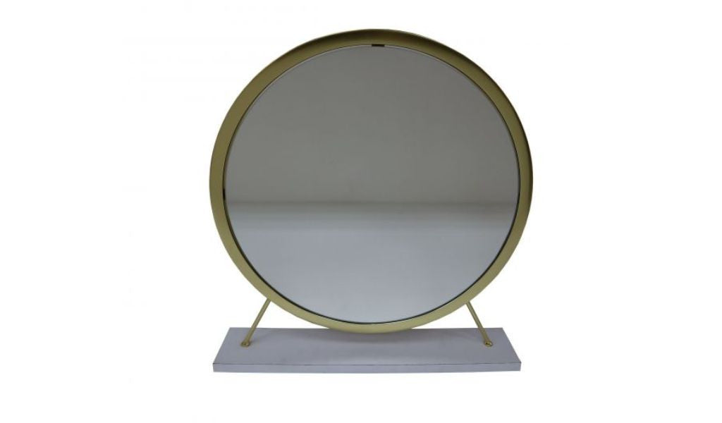 19" Faux Fur, Mirror, White & Brass Finish Round Makeup Shaving Tabletop Mirror