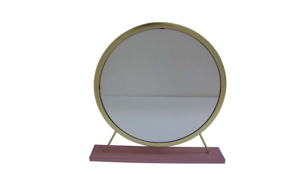 19" Faux Fur, Mirror, Pink & Gold Finish Round Makeup Shaving Tabletop Mirror