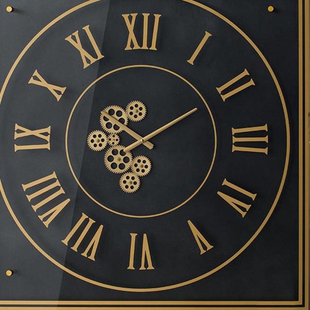 35" Black And Gold Glass And Metal Exposed Gear Square Wall Clock