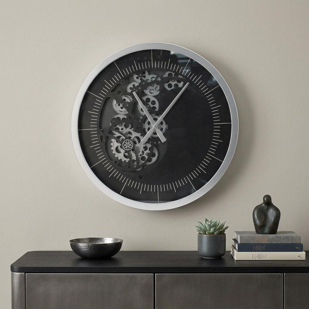 23" Circle Black and Silver Wood and Glass Analog Wall Clock